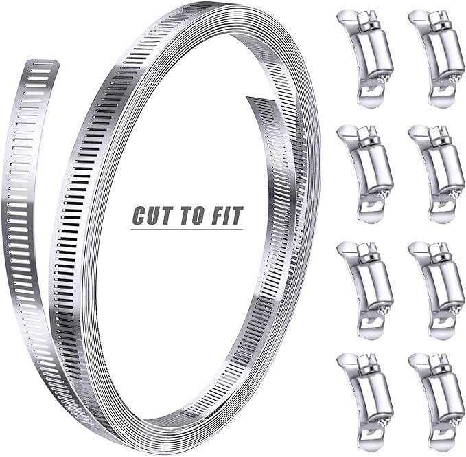 304 Stainless Steel Hose Clamp Assortment Kit DIY, Cut-To-Fit 12 FT Metal Strap8 Stronger Fasteners,Large Adjustable Worm Gear Band Hose Clamps Screw Clamps Duct Pipe Metal Clamp Strapping