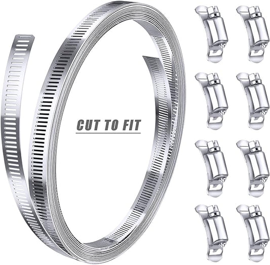 304 Stainless Steel Hose Clamp Assortment Kit DIY, Cut-To-Fit 12 FT Metal Strap8 Stronger Fasteners,Large Adjustable Worm Gear Band Hose Clamps Screw Clamps Duct Pipe Metal Clamp Strapping