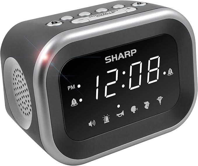 Sharp Big Bang Super Loud Alarm Clock for Heavy Sleepers, 6 Extremely Loud Wake Up Sounds: Rooster, Bugle, Nagging Mom, Jackhammer, Siren, Beep- Up to 115db Volume, Silver/Black with White LED Display