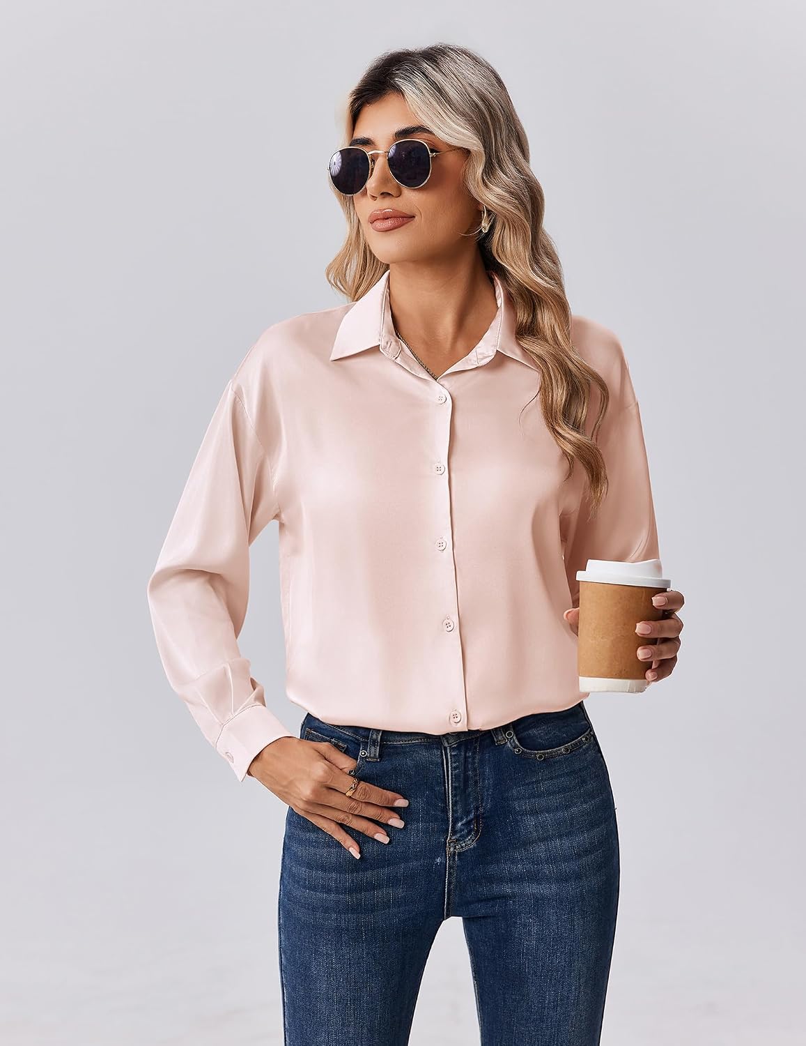 Zeagoo Womens Tops Long Sleeve Satin Silk Button Down Shirts Casual Business Dressy Blouses Fall Clothes .