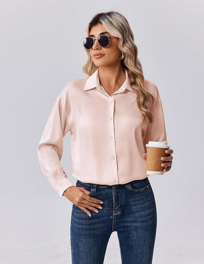 Zeagoo Womens Tops Long Sleeve Satin Silk Button Down Shirts Casual Business Dressy Blouses Fall Clothes .