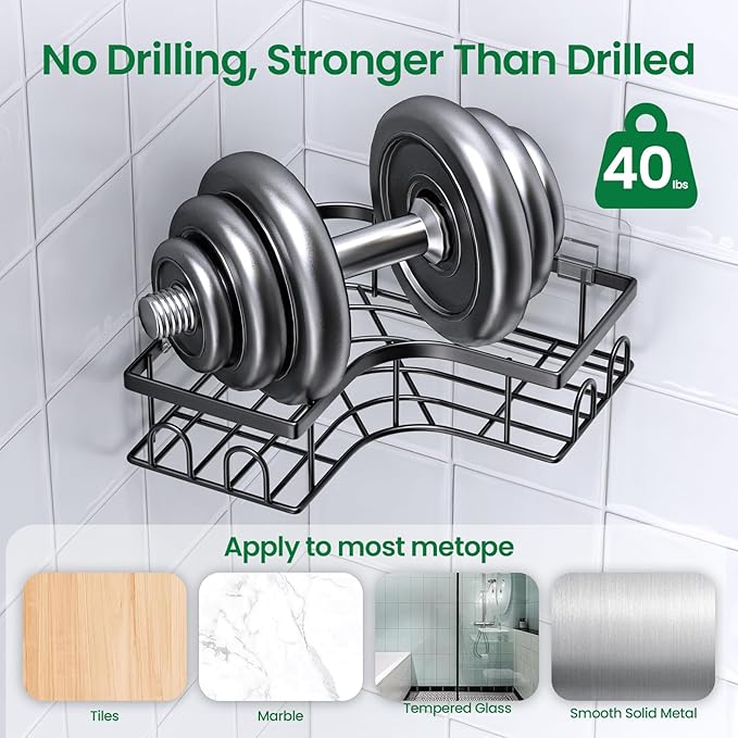 Adhesive Shower Caddy, 2 Pack Corner Bath Organizer, Rustproof Stainless Steel Shower Shelves with Large Capacity, No Drilling Shelves for Bathroom Storage, Home, Kitchen Decor