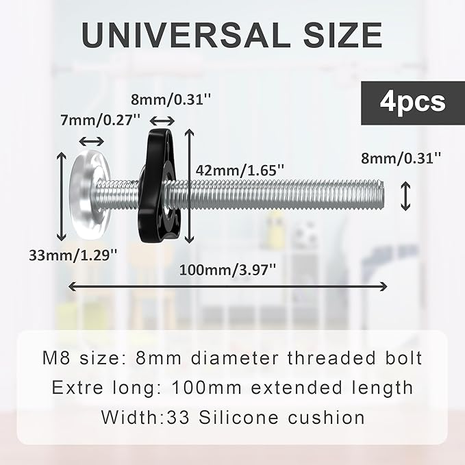 BalanceFrom Baby Gate Threaded Spindle Rod, 4 Pack M8 (8mm) Replacement Bolt Part for Baby & Pet Pressure Mounted Safety Door, Extra Long Wall Mounting Accessories Screws Rods for Stair Gates, Black