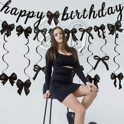 Black Bow Happy Birthday Banner Garland and Hanging Swirls for Girl Black Bow Coquette Birthday Party Decorations