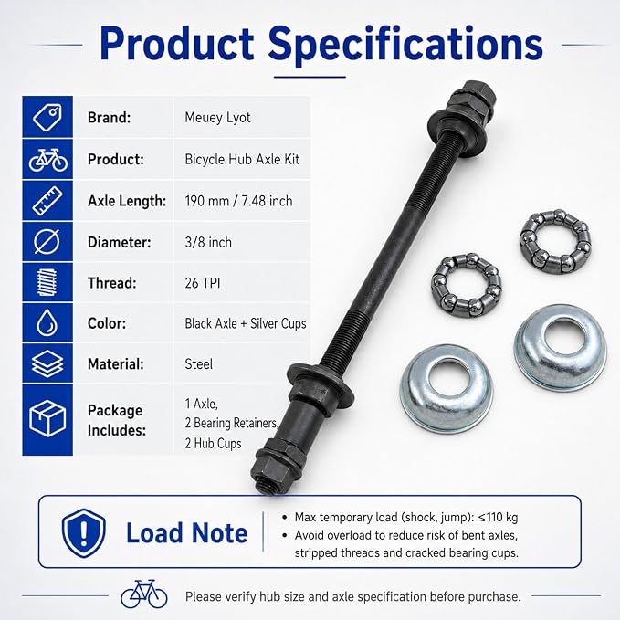 190 mm Bicycle Hub Axle Kit with Bearing Retainers and Cups
