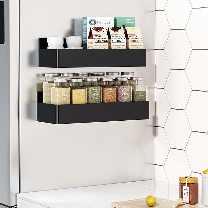 Magnetic Spice Rack for Refrigerator, Kitchen Organizer and Storage Shelf, Black (2 Pack)...