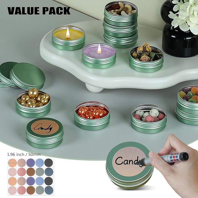 Candle Container Aluminum Tin Jars 14 Pack Candle Tins Salve Tins Versatile Small Containers with Lids Metal Tin for Balms,Spices,Salve,Crafts(Pale Green)