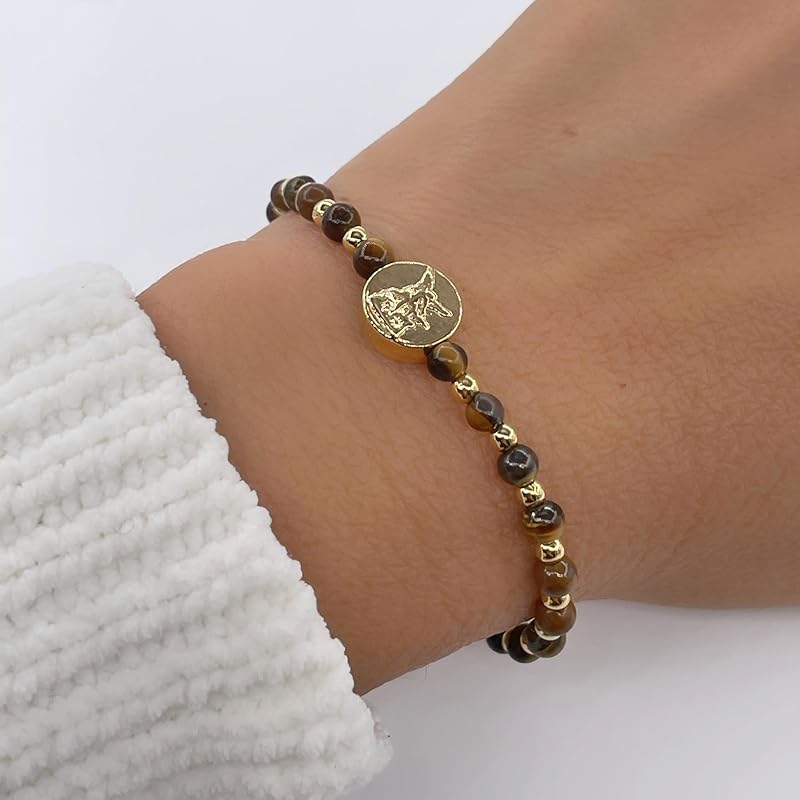 St Michael Archanel Coin and Natural Round White Turquoise Beads Adjustable Bracelet for Women (Brown Tiger Eye)