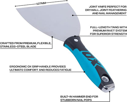 Premium Drywall Putty Knife 5-Inch - Professional Stainless Steel Mud Knife, Joint Compound - Comfort Grip Handle with Metal Hammer End - Taping & Mudding Tools - Esptulas para Drywall Knives