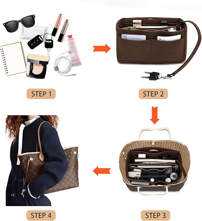 Surblue Purse Organizer Insert for Handbags, Felt Bag Organizer, Tote Bag Organizer, Tote Shaper Insert With Zippers, Thicken and Portable Handbag in Bag for Speedy Neverfull PM MM, (Brown, S)