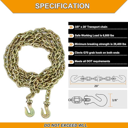3/8 inch x 20 Feet G70 Binder Chain with Clevis Grab Hook 6,600 lbs WLL Transport Chain Tie Down Binder Chain for Flatbed, Truck, Farm 1 Piece