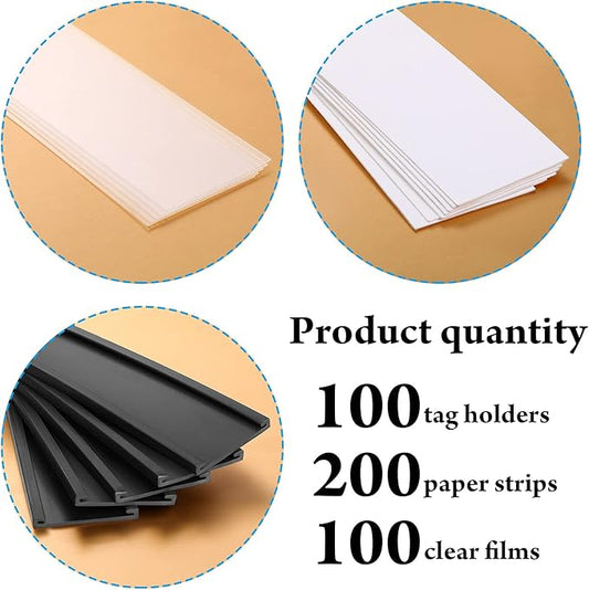 100 Pieces Magnetic Label Holders Labels Racks with Magnets Magnetic Data Card Holders with Protective Films and Replacement Strips for Shelf Bin (1 x 3 Inch)