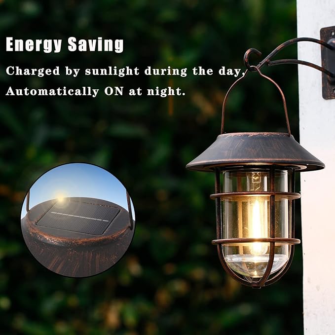 Solar Lantern Outdoor Hanging Solar Lights, Waterproof Metal Outdoor Lights with Clear Glass, LED Edison Bulbs Cordless Decorative Aluminum Wall Lantern with Hooks, Bronze