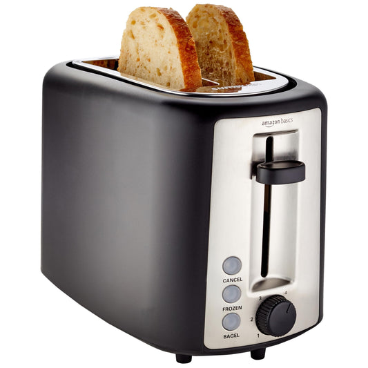 Basics 2 Slice Toaster, Extra Wide Slots for Bagels, 6 Browning Settings, Removable Crumb Tray, Defrost/Cancel/Bagel Buttons, Cord Wrap, 900W, Black & Silver
