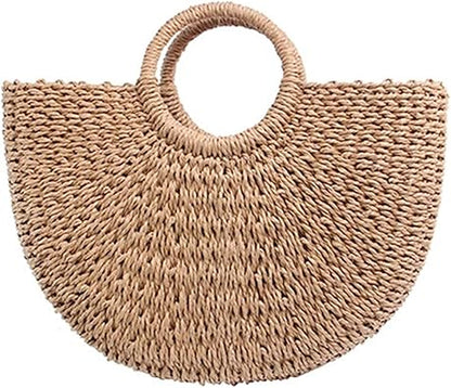 Vintage Straw Bag Round Rattan Bags Handmade Woven Beach Ladies Circle Shoulder Bag Style 4-Small