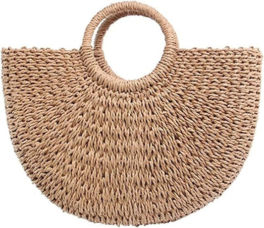 Vintage Straw Bag Round Rattan Bags Handmade Woven Beach Ladies Circle Shoulder Bag Style 4-Small