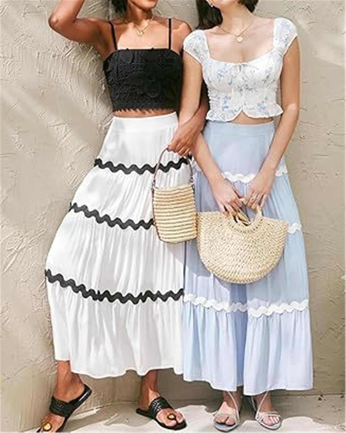 Womens RIC Rac Flowy Boho Maxi Skirts Elastic High Waist Wave Tiered A Line Long Beach Skirts