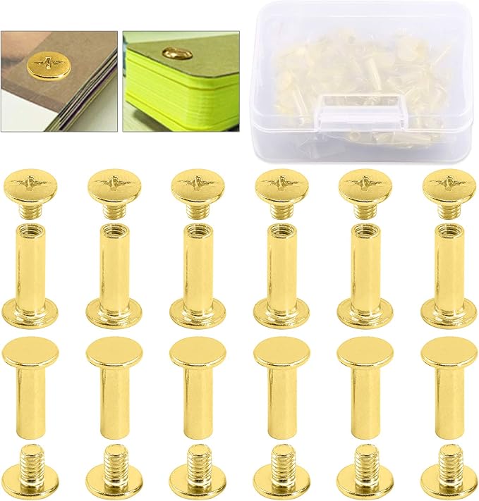Hilitchi 50Sets M5 Brass Plated Phillips Chicago Screw Posts Binding Screws Assortment Kit for Scrapbook Photo Albums Binding, Leather Repair - Gold (M5 x 15mm-50Sets)