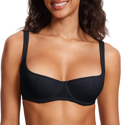 DOBREVA Women's Balconette Bra Lightly Padded Plus Size Sexy Mesh Demi Underwire Bras Wide Cushioned Straps.