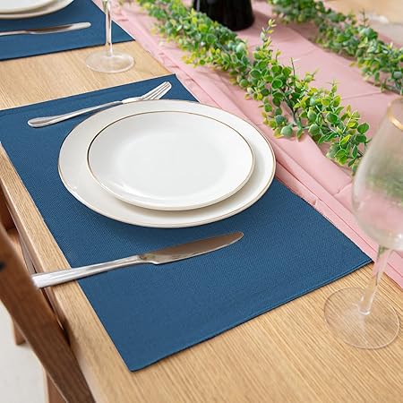 Cloth Placemats Set of 8, Linen Type Fabric Placemats Machine Washable Placemats Heat Resistant Placemats Wrinkle Free Thick Polyester Kitchen Place Mats for Dining Table (Navy Blue)