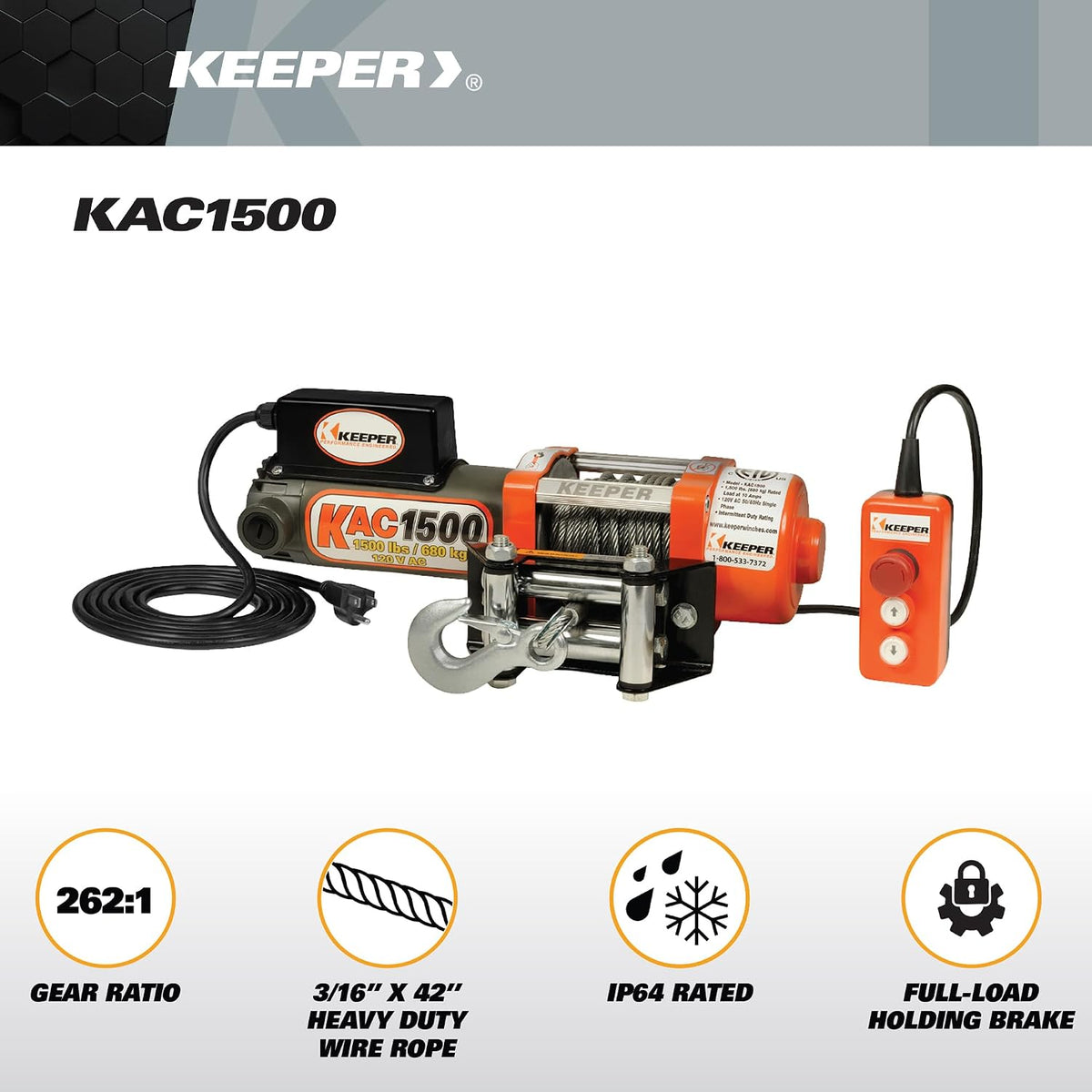 KEEPER Electric Winch 110/120V AC with Remote, Hand Held Control, 1500 lb. Capacity, AC Power, ATV, Truck, SUVs, Large Vehicles, Trailer Winch (Does not include clevis hook)