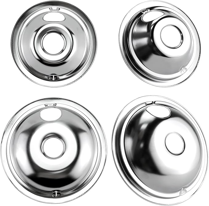 4 Pack GE68C Chrome 6" 2 x 8" Burner Drip Pan Bowls by PANDEELS- Fit for GE and Hot-point Electric Ranges