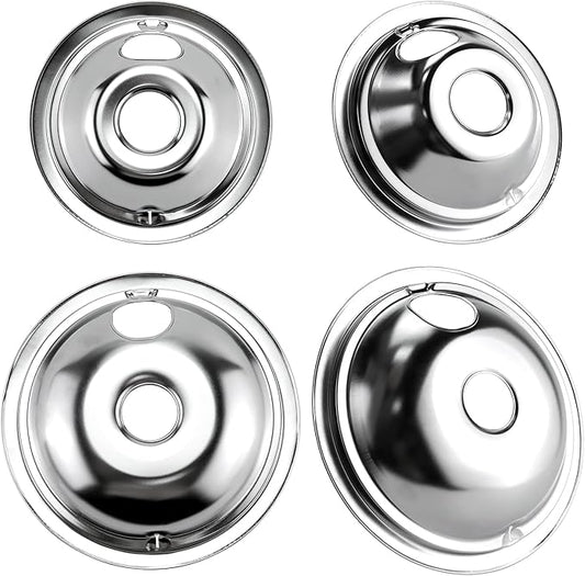 4 Pack GE68C Chrome 6" 2 x 8" Burner Drip Pan Bowls by PANDEELS- Fit for GE and Hot-point Electric Ranges