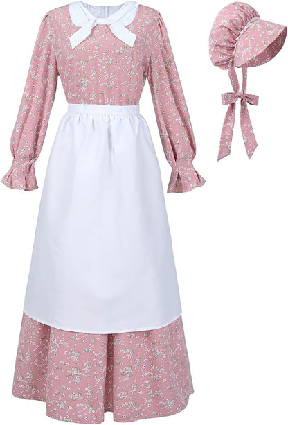 LTAKK Colonial Dress Women Prairie Pioneer Costume | Floral Dresses with Apron, Bonnet for Civil War, Revolutionary War Dress-Up, Pilgrim, Historical Reenactment, Amish Outfit