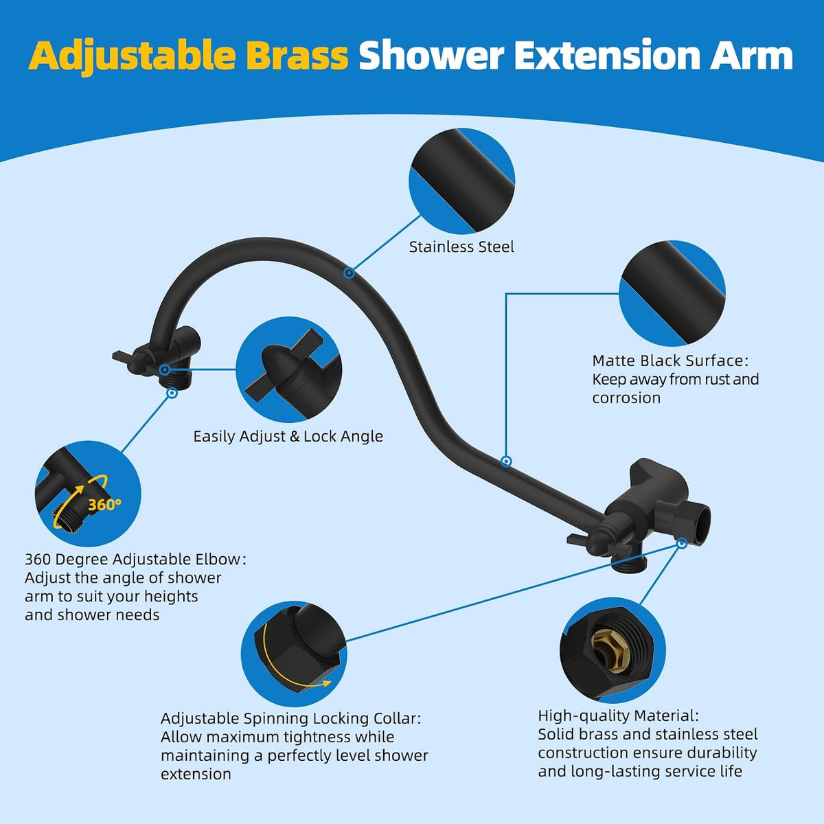 Hibbent All Metal 12 Inch Brass Adjustable Shower Head Extension Arm with Shower Arm Diverter Valve, G 1/2 3-Way Bathroom Universal Shower System Replacement Part, Shower Arm Extender, Matte Black