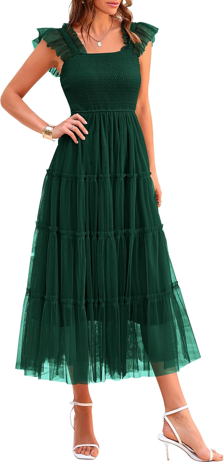 Women's Summer Tulle Midi Dress Sleeveless Smocked Ruffle Flowy Mesh Dresses