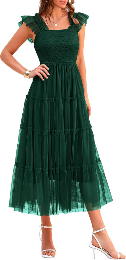 Women's Summer Tulle Midi Dress Sleeveless Smocked Ruffle Flowy Mesh Dresses