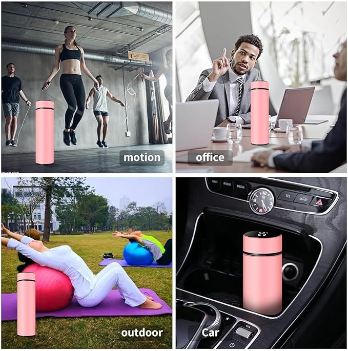 Smart Water Bottle Stainless Steel Vacuum Flask,Travel Mug with Smart LCD Touch Screen, Keep Hot Or Cold, Car Portable Travel Tea Coffee Vacuum Thermoses Cup,Insulated Water Bottle (Pink)