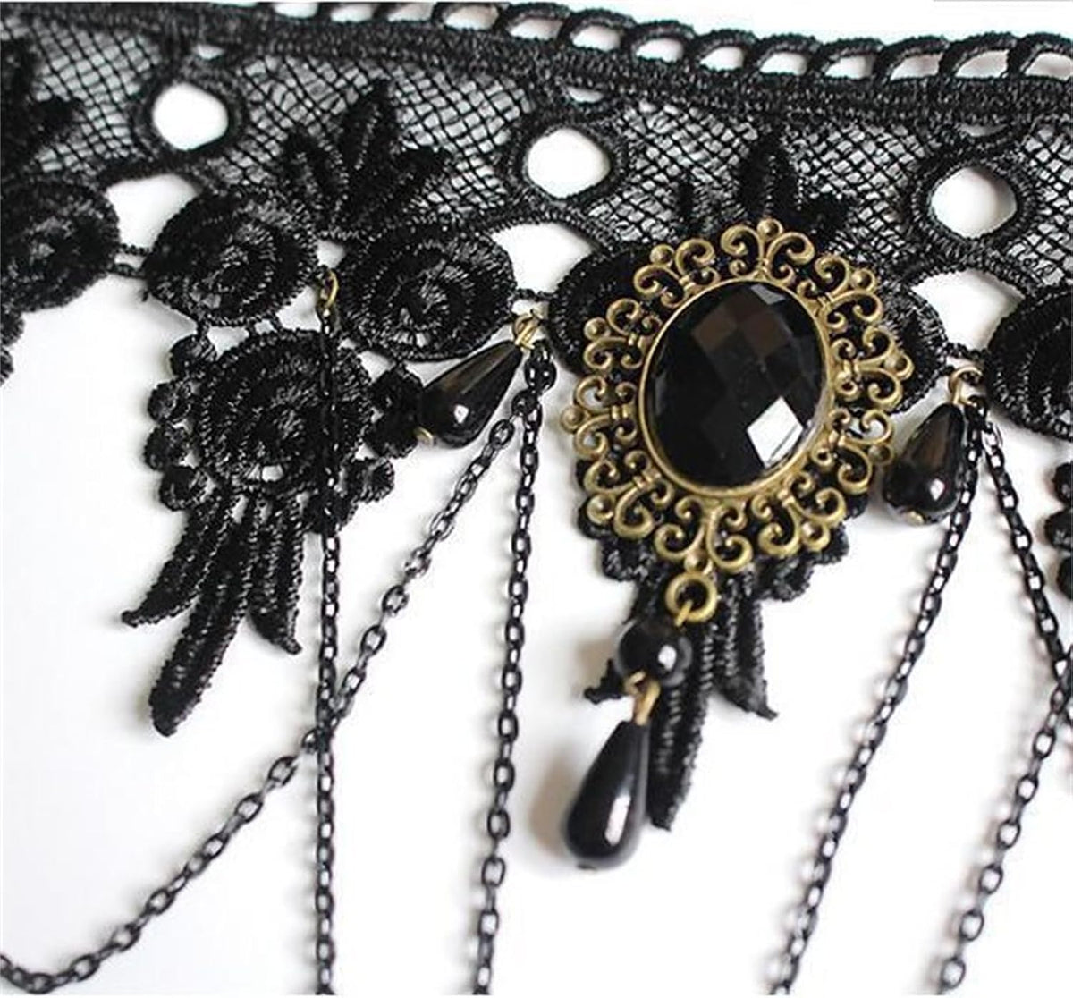 Dreuyet Black Choker Lace Necklace Bracelet Earrings Set for Women Elegant Sexy Vintage Princess Black Lace Gothic Statement Jewelry Set Victorian Lolita Choker Vampire Chain Halloween Costumes ( gold-black )