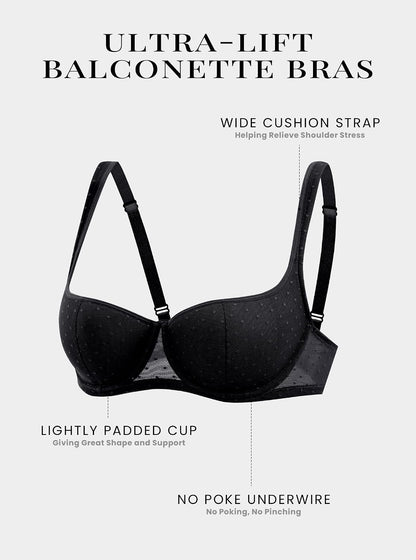 DOBREVA Women's Balconette Bra Lightly Padded Plus Size Sexy Mesh Demi Underwire Bras Wide Cushioned Straps.