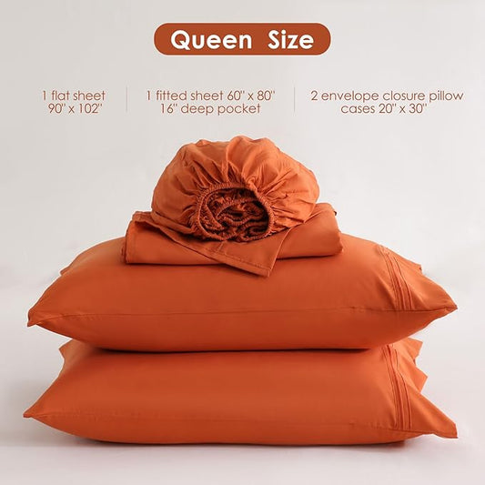 JSD Burnt Orange Queen Sheet Set with Side Pocket Corner Straps, 4 Piece Soft Microfiber Bed Sheets Extra Deep Pocket
