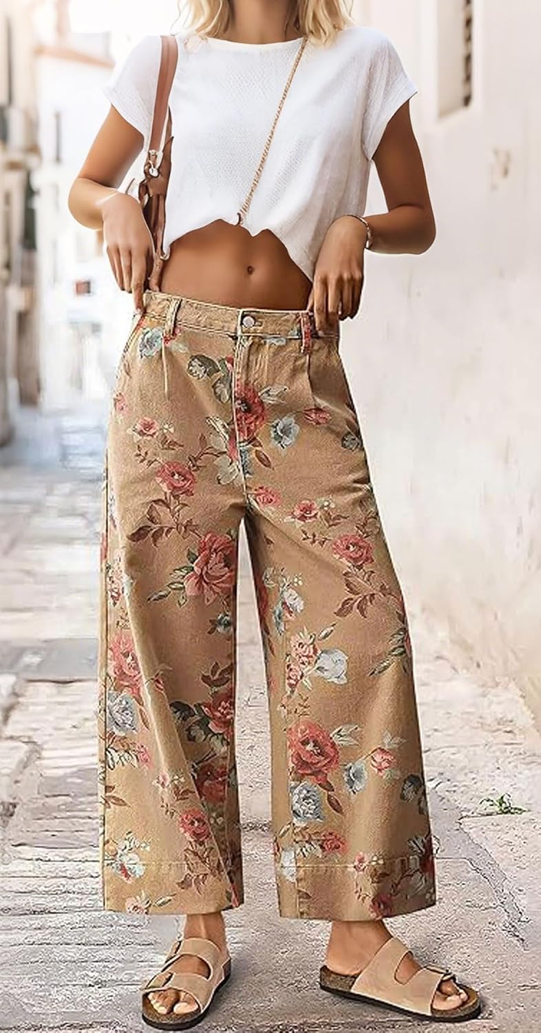 FLAMINGALS Women Mid Rise Cropped Wide Leg Jeans Baggy Floral Ankle Pants Denim Capris Flare Print Boho Palazzo Jeans Boyfriend