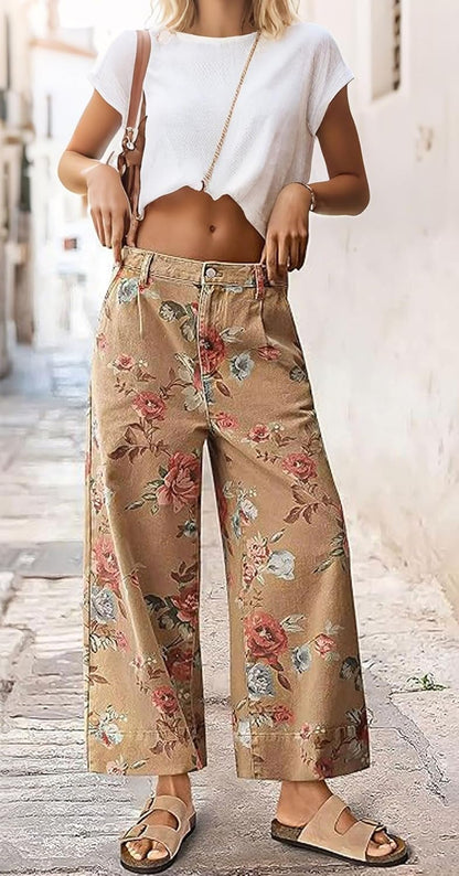 FLAMINGALS Women Mid Rise Cropped Wide Leg Jeans Baggy Floral Ankle Pants Denim Capris Flare Print Boho Palazzo Jeans Boyfriend