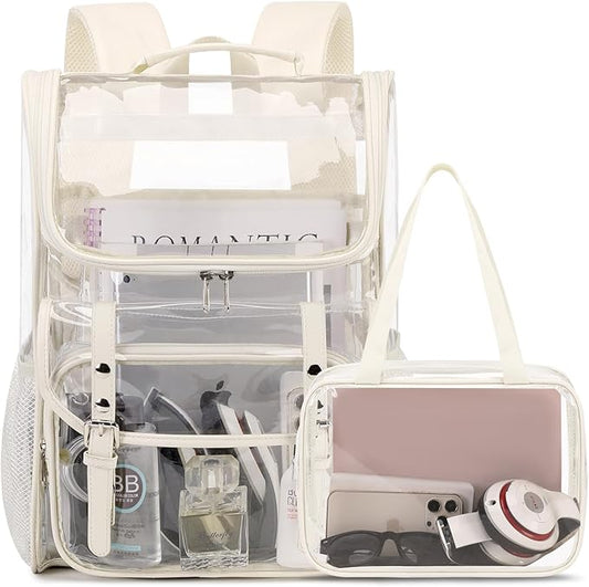 Clear Backpack with Clear Bag Set, Leather Clear Backpack Heavy Duty Thick PVC Clear Bookbag Fashion See Through Transparent Backpack with Support Pad for College Travel Work Security Beige