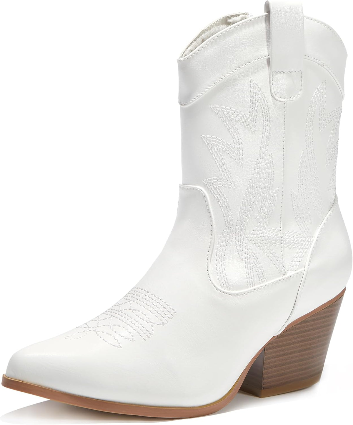 Western Cowgirl Cowboy Ankle Boots for Women or Ladies, Mid Calf, Vegan Leather Embroidered Upper, Low Heel, Fashionable Pointed-toe, Well Made