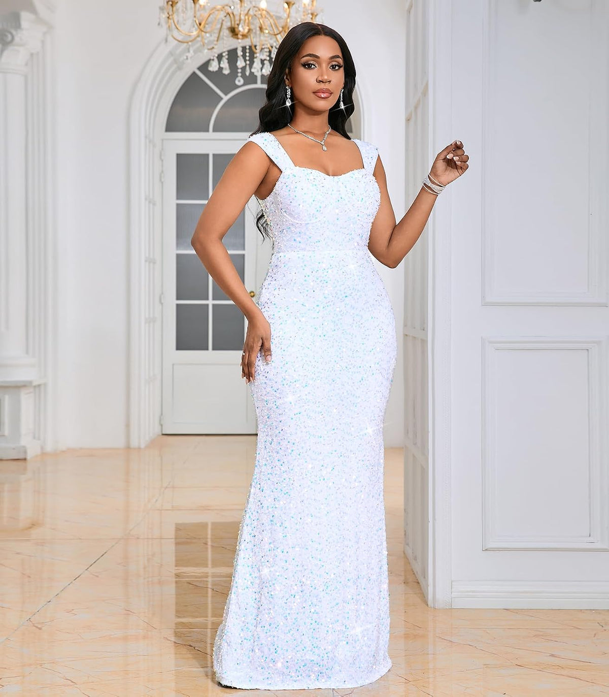 Women’s Sequin Evening Gown – Elegant Sleeveless V Neck Mermaid Formal Maxi Dress for Wedding, Prom or Party