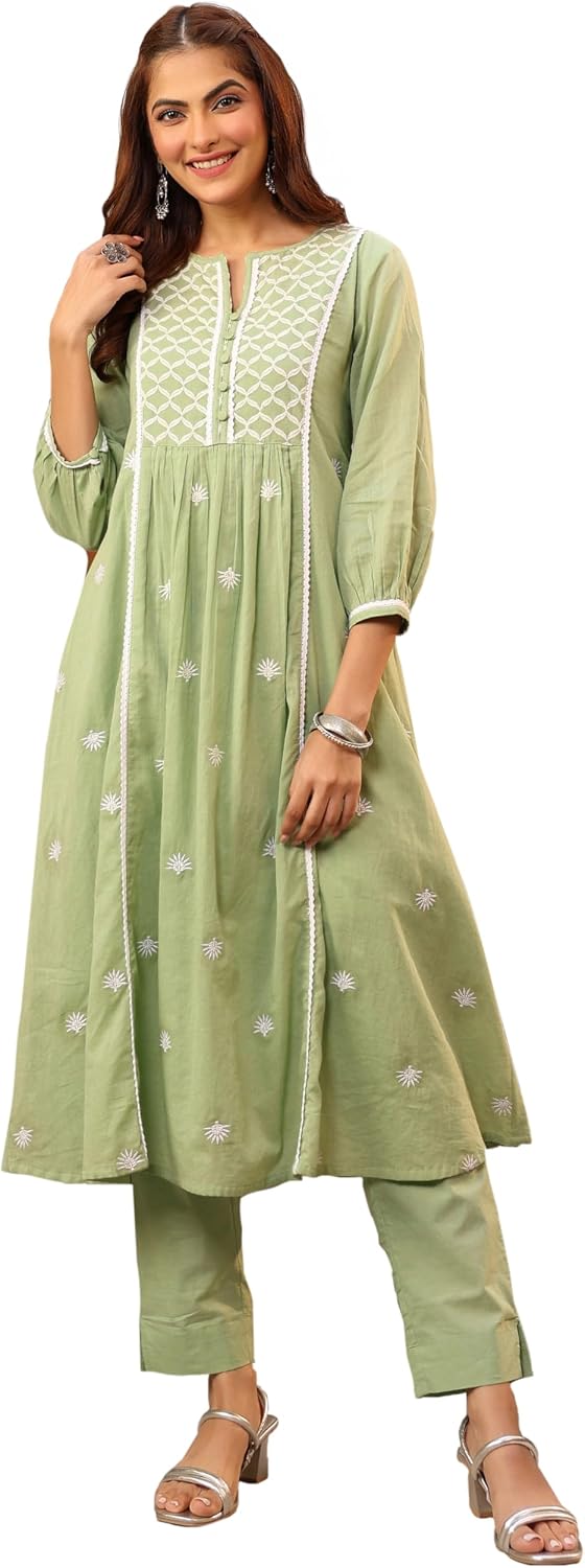 Indian Women's Cotton Green Embroidered Casual Wear Kurta Set for Women