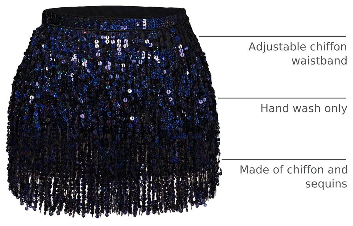 Belly Dance Hip Scarf Sequin Tassel Skirt Wrap Sparkly Rave Costume for Women