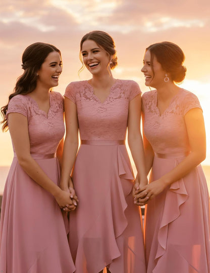 Bbonlinedress Women's V-Neck Dress for Women Wedding Guest Hi-Lo Floral Lace Prom Cocktail Party Formal Bridesmaid Dress