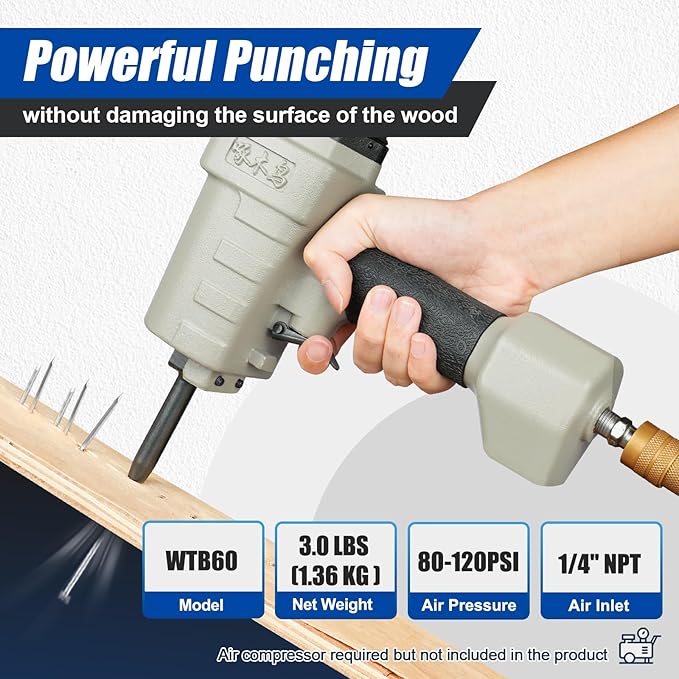 WOODPECKER WTB60 Heavy Duty Pneumatic Nail Remover Gun, Air Punch Nailer Pneumatic Nail Puller Air Denailer Gun for Removing 9-16 Gauge Nails