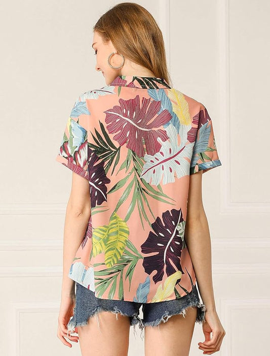 Allegra K Women's Hawaiian Shirt Floral Leaves Printed Short Sleeve Top Tropical Button Down Shirt Summer Fashion 2024