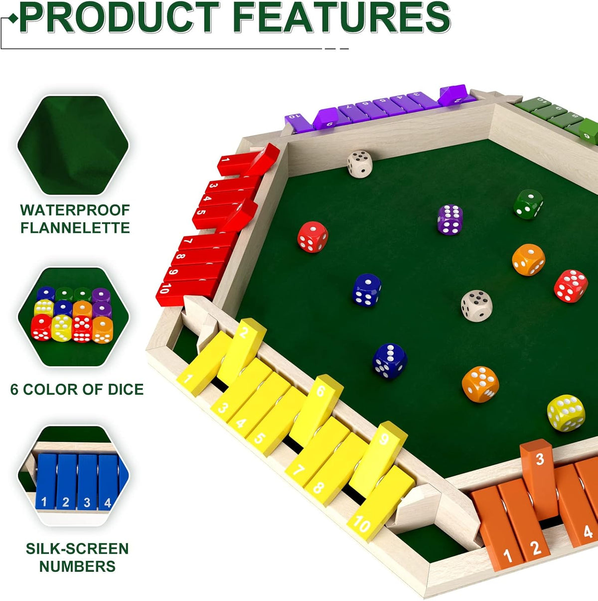 1-6 Players Shut The Box Dice Game, Wooden Board Table Math Game with 16 Dice, Classics Tabletop Version Games for Kids Adults, Family,Classroom,Home,Party or Pub