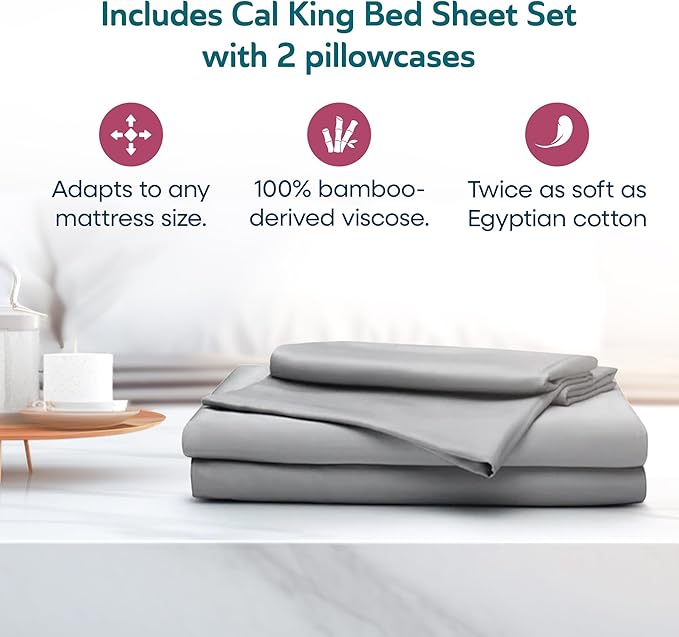 Sleepgram Viscose Fiber Cal King Size Bed Sheet Set with Flat Sheet, Fitted Sheet, and 2 Pillowcases for Comfortable Night's Sleep, Grey Stone