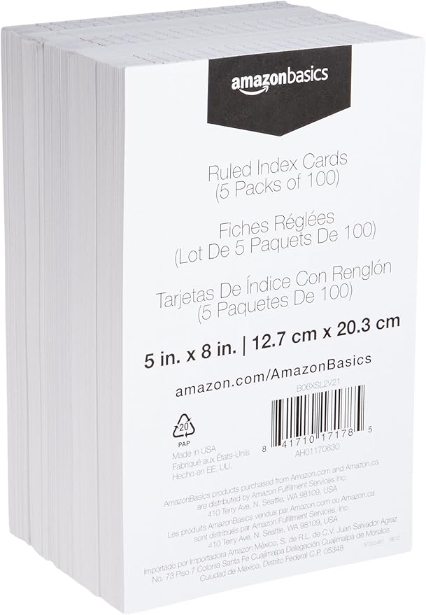 Basics Ruled Lined Index Note Cards, 500 Count, 5 Pack of 100, White, 5 in x 8 in