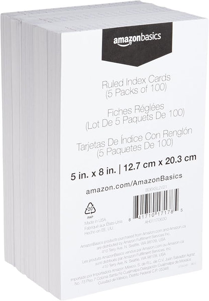 Basics Ruled Lined Index Note Cards, 500 Count, 5 Pack of 100, White, 5 in x 8 in