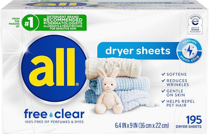 all free clear Fabric Softener Dryer Sheets for Sensitive Skin, 195 Count Dye free, dermatologist tested, fragrance free, controls static cling, reduces wrinkles, HE compatible